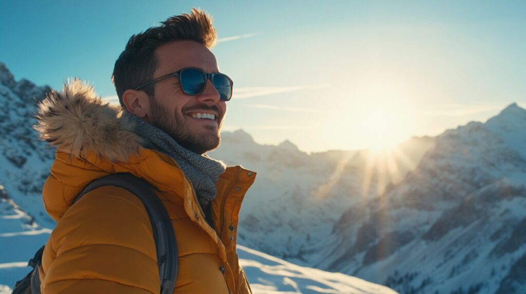 Щасливий чоловік усміхається в горах на фоні красивого краєвиду