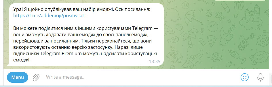 Коли ви оберете вільну назву, бот надішле вам посилання на ваш опублікований набір стікерів