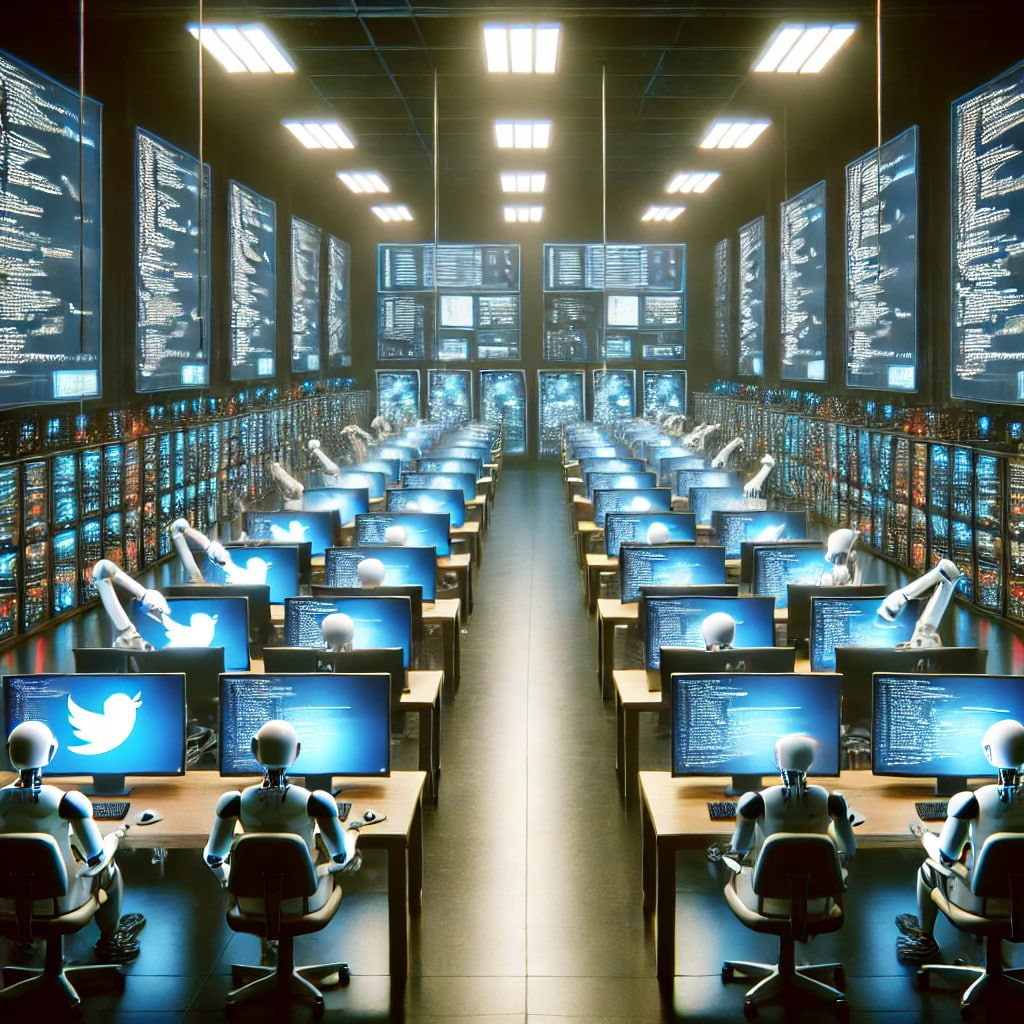 Ілюстрація ботоферми. Багато роботів сидять за моніторами і переписуються в соціальних мережах