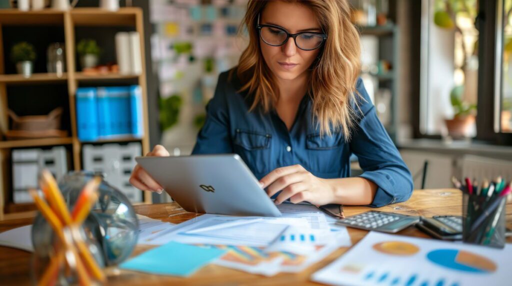 Жінка працює за ноутбуком в себе вдома