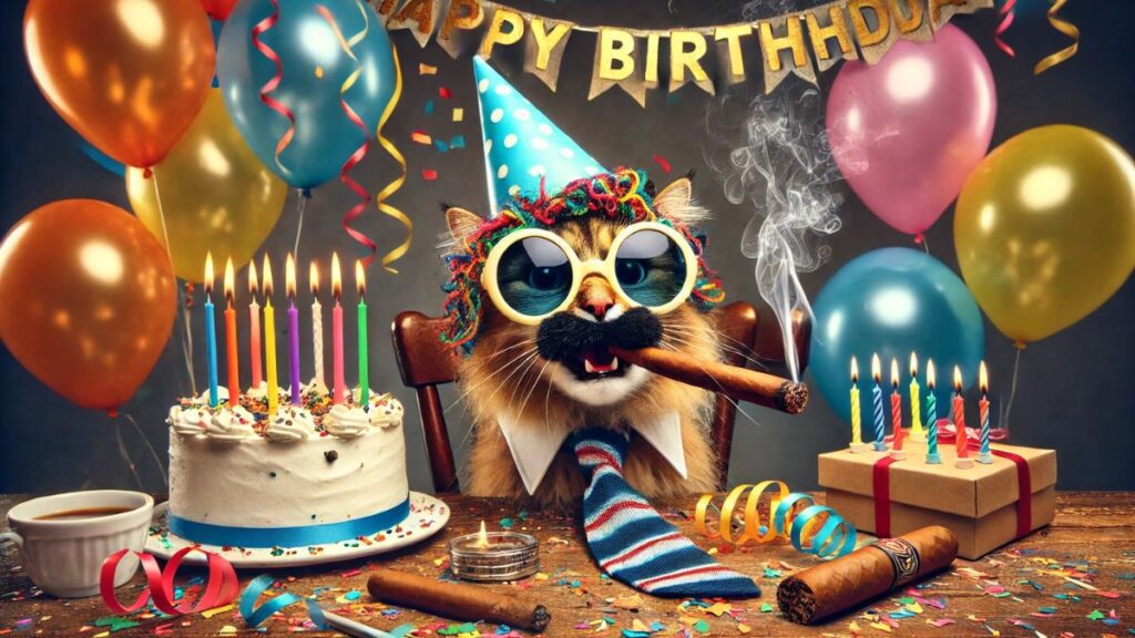 Смішка картинка з котом в окулярах для привітання з днем народження