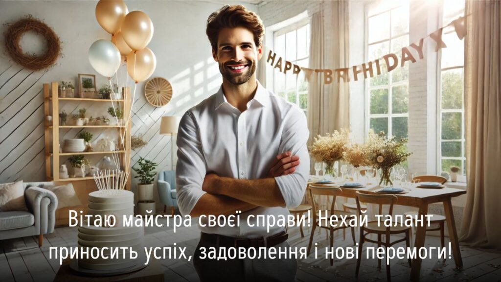 Картинка з написом "Вітаю майстра своєї справи! Нехай талант приносить успіх, задоволення і нові перемоги!"
