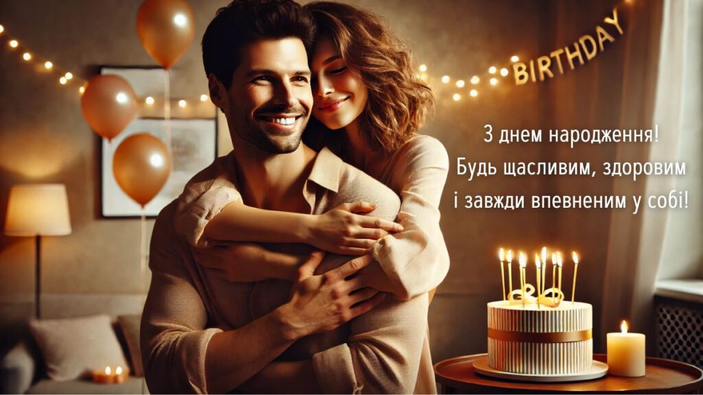 Картинка для вітання коханого чоловіка з днем народження з написом "З днем народження! Будь щасливим, здоровим і завжди впевненим у собі!"