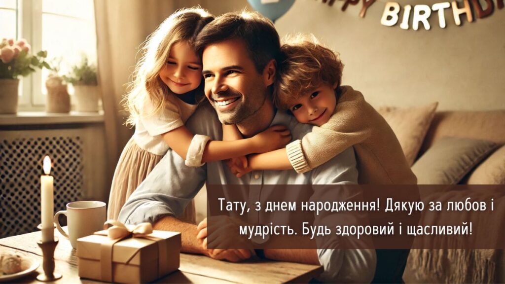 Картинка для вітання батька з днем народження з написом "Тату, з днем народження! Дякую за любов і мудрість. Будь здоровий і щасливий!"