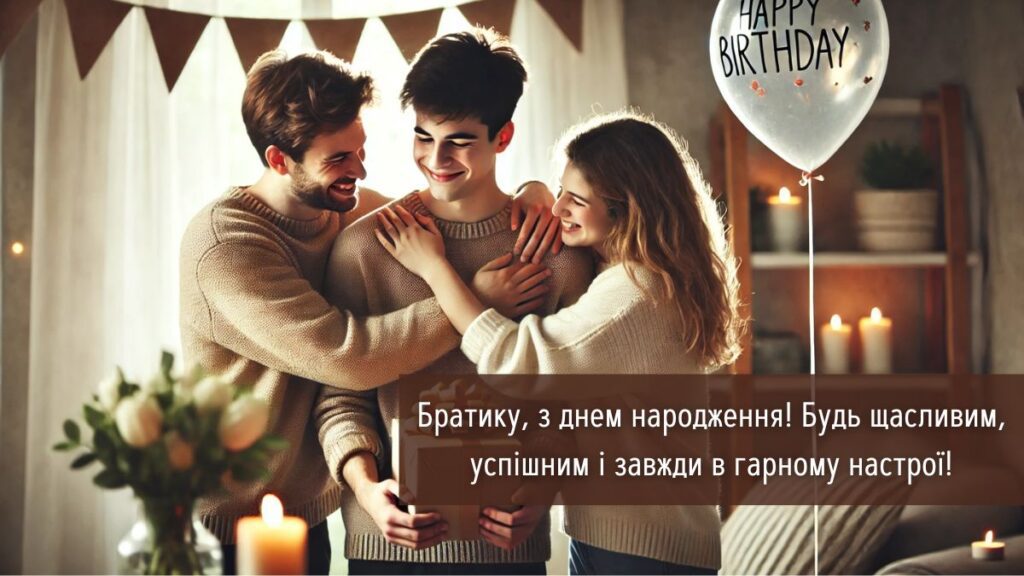 Картинка для вітання брата з днем народження з написом " Братику, з днем народження! Будь щасливим, успішним і завжди в гарному настрої!"