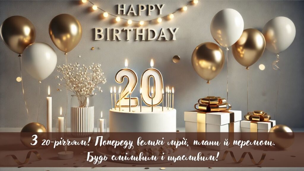 Картинка З 20-річчям! Попереду великі мрії, плани й перемоги. Будь сміливим і щасливим!