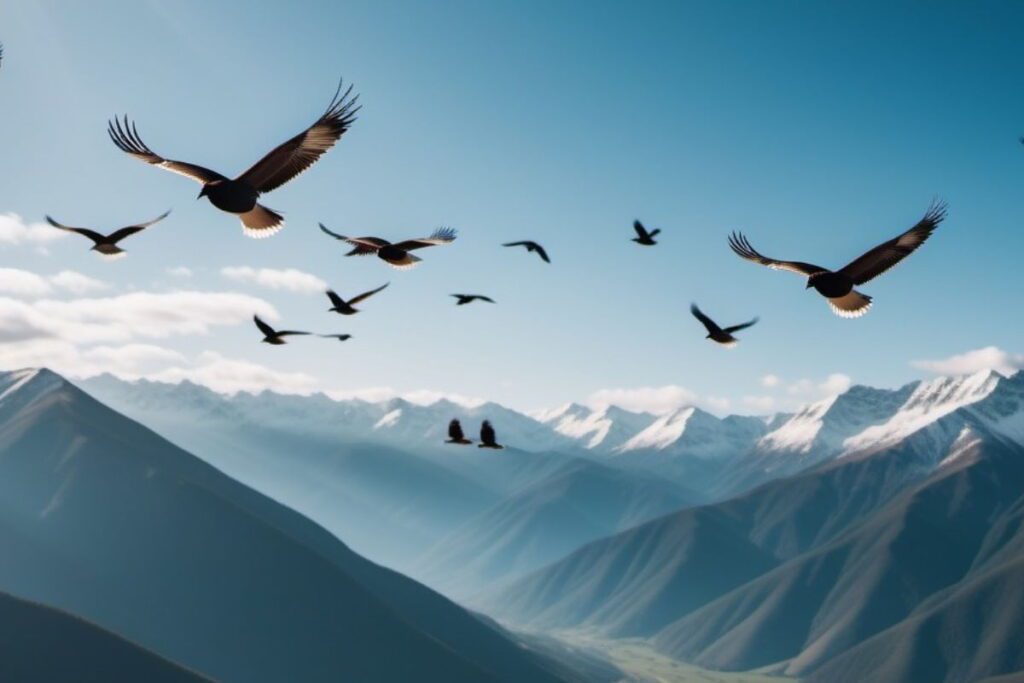 Птахи летять зграєю на фоні гір