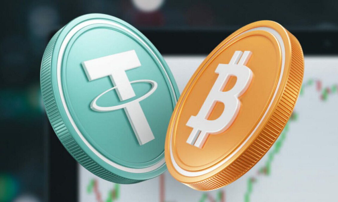 Монети Bitcoin (BTC) та Tether (USDT TRC-20), що символізують швидкий та вигідний обмін криптовалют
