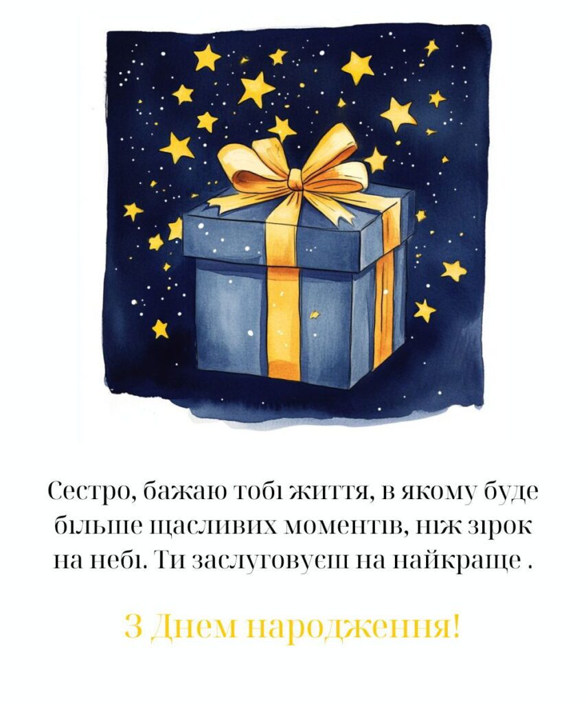 Листівка для привітання сестри з днем народження з зображенням подарунка