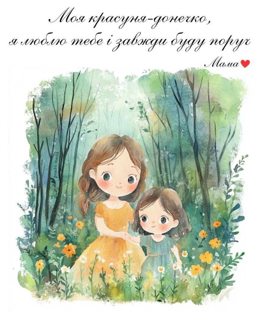 Мила картинка з мамою і донькою і написом "Моя красуня-донечко, я люблю тебе і завжди буду поруч. Мама"