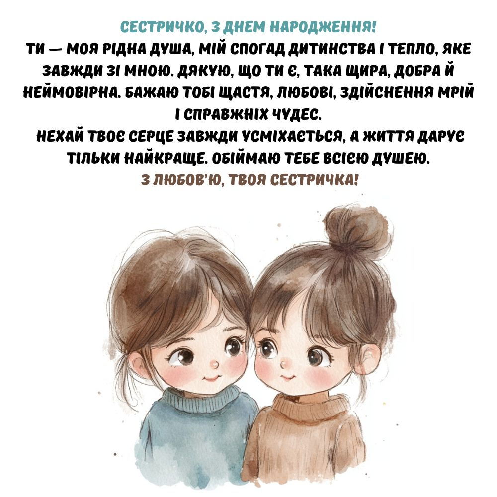 Зворушливе привітання для сестрички з зображенням двох дівчаток і гарним текстом.