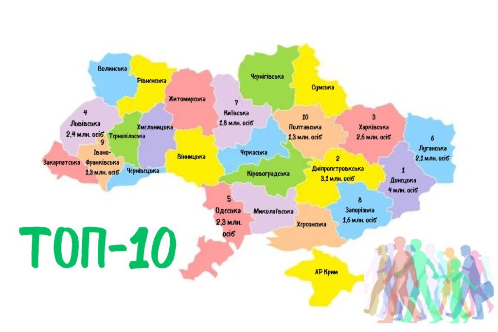 Карта України з областями де живе найбільша кількість населення