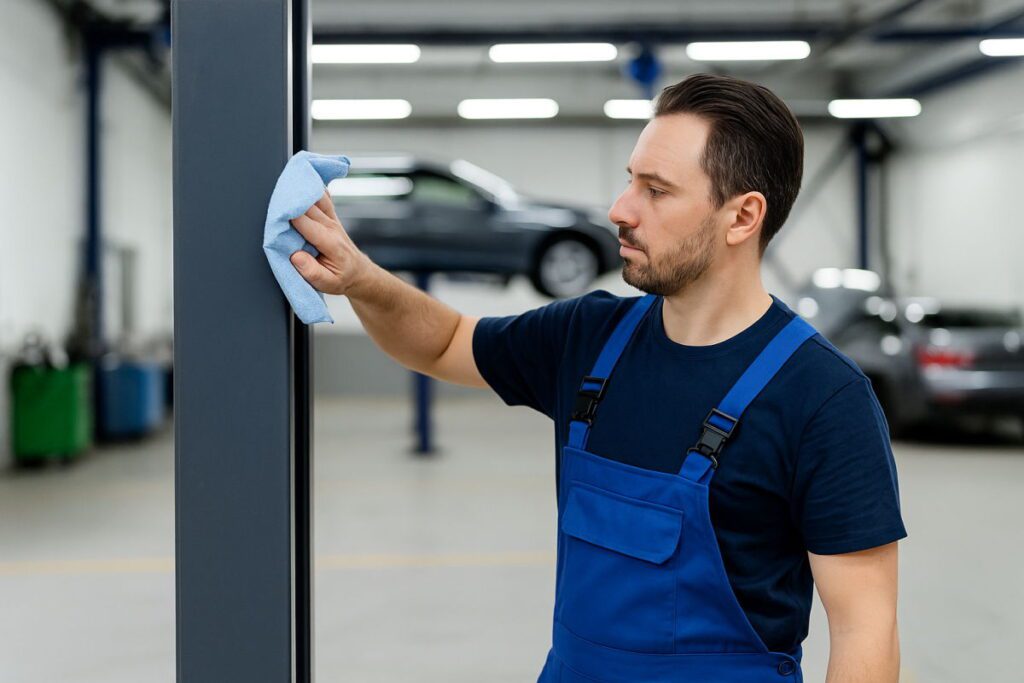 Працівник СТО протирає автопідйомник
