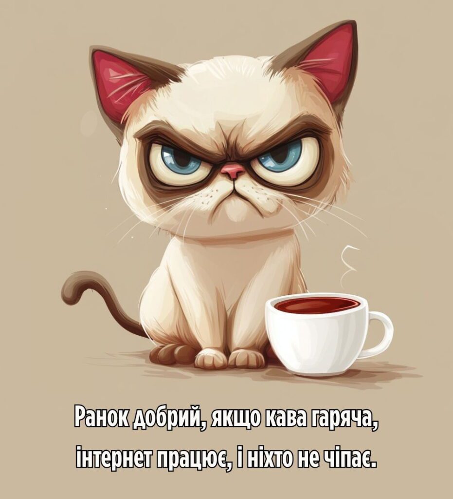 Смішна картинка доброго ранку з сердитим котом та гарячою кавою