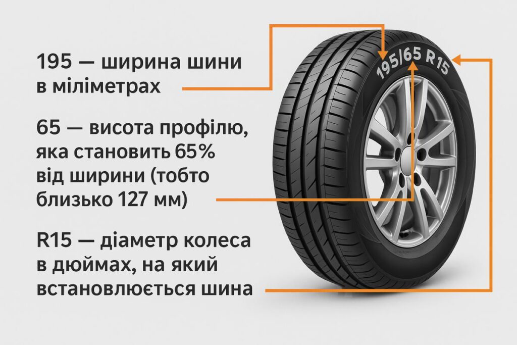 Схематично зображено як розшифрувати 195/65 R15