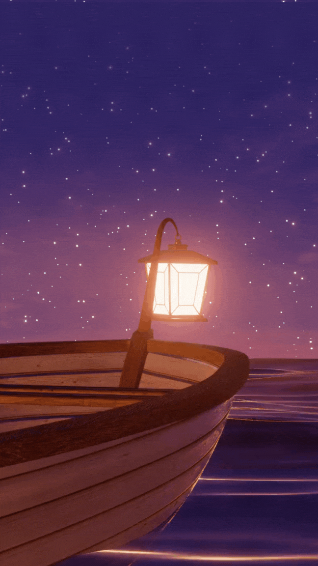 Човен на воді зі світильником, зоряне небо