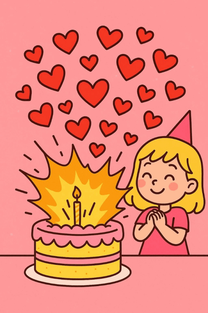 Анімація з двох кадрів: спочатку дівчинка у рожевому капелюшку біля торта з сердечками, потім торт з написом Happy Birthday і сердечками