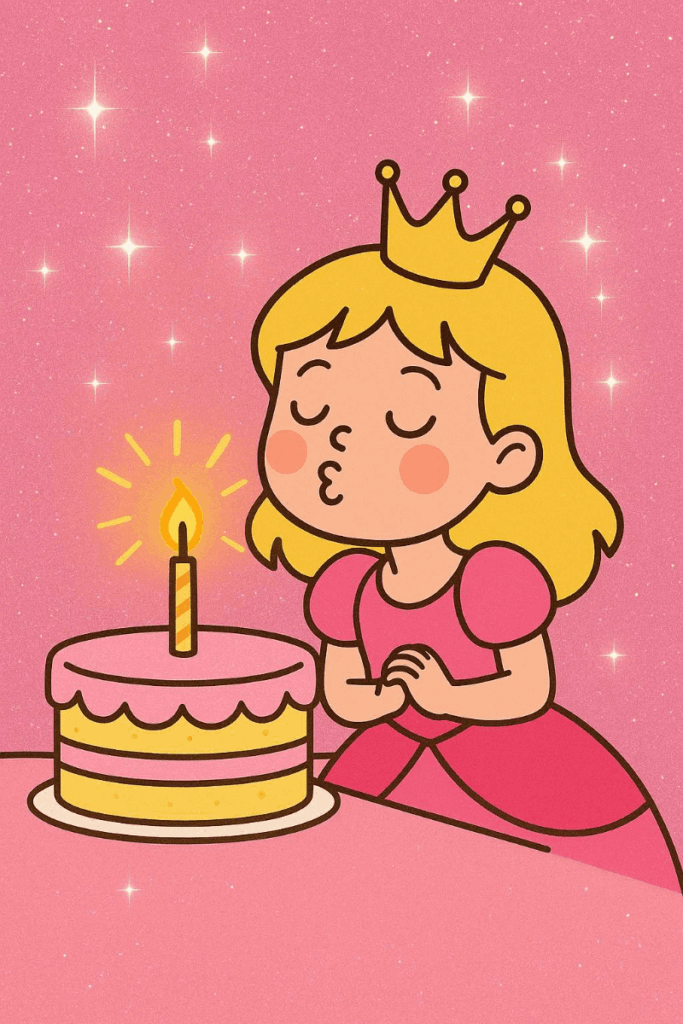 Анімація принцеса задуває свічку на торті і з’являється напис З Днем Народження, Королево!