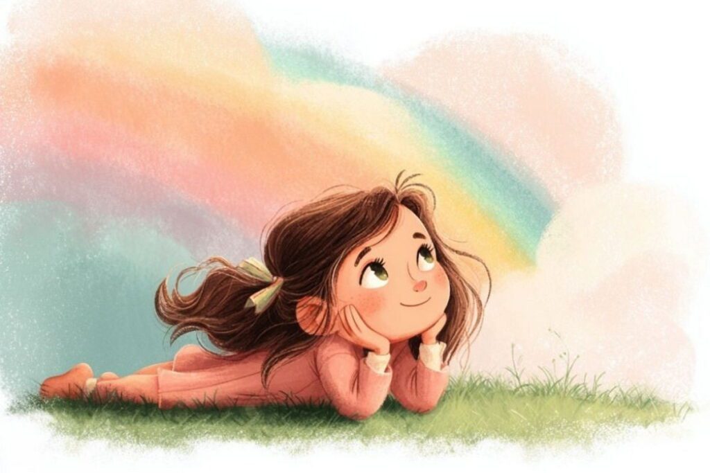 Дівчинка лежить на траві під веселкою з написом З Днем народження!