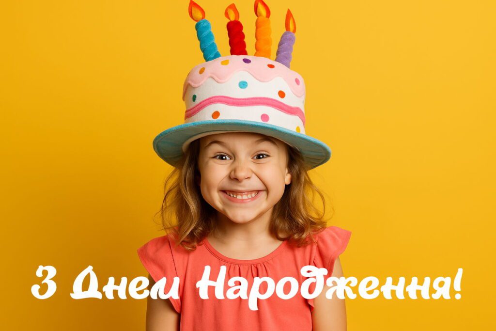 Усміхнена дівчинка у рожевій сукні з капелюхом у формі торта з чотирма свічками на жовтому фоні