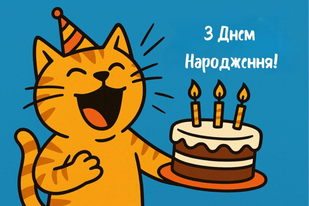 Кумедний рудий котик у святковому капелюшку тримає торт з трьома свічками на синьому фоні