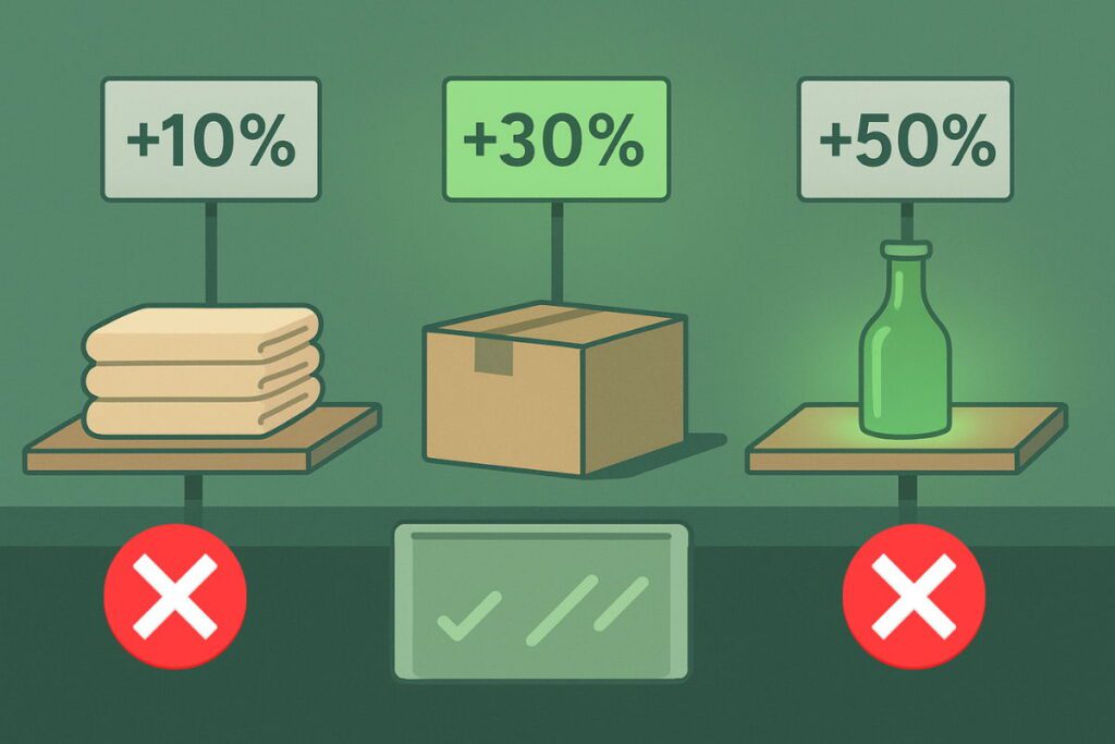 Товари з різними відсотками націнки та позначками правильно та неправильно