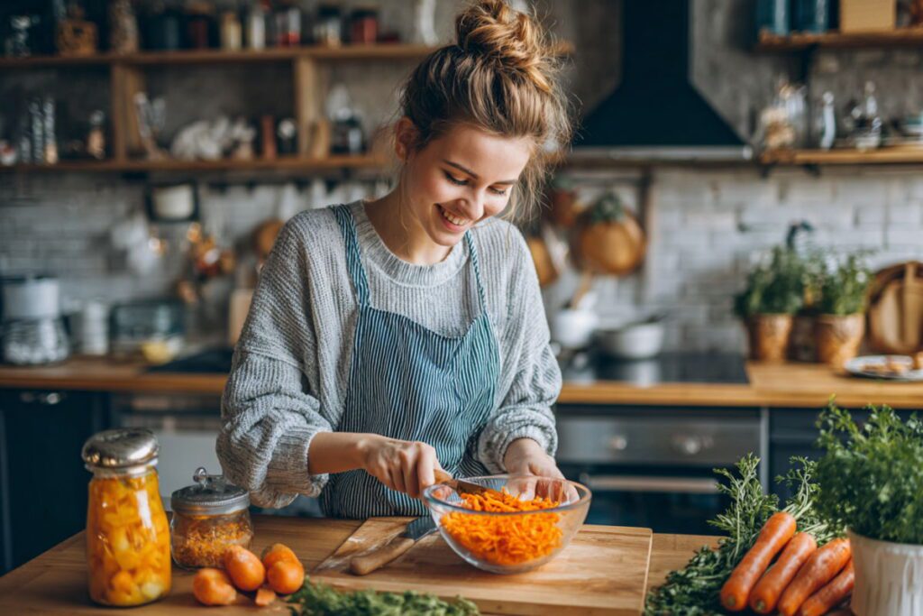 Жінка перемішує моркву для салату "морква по-порейськи"
