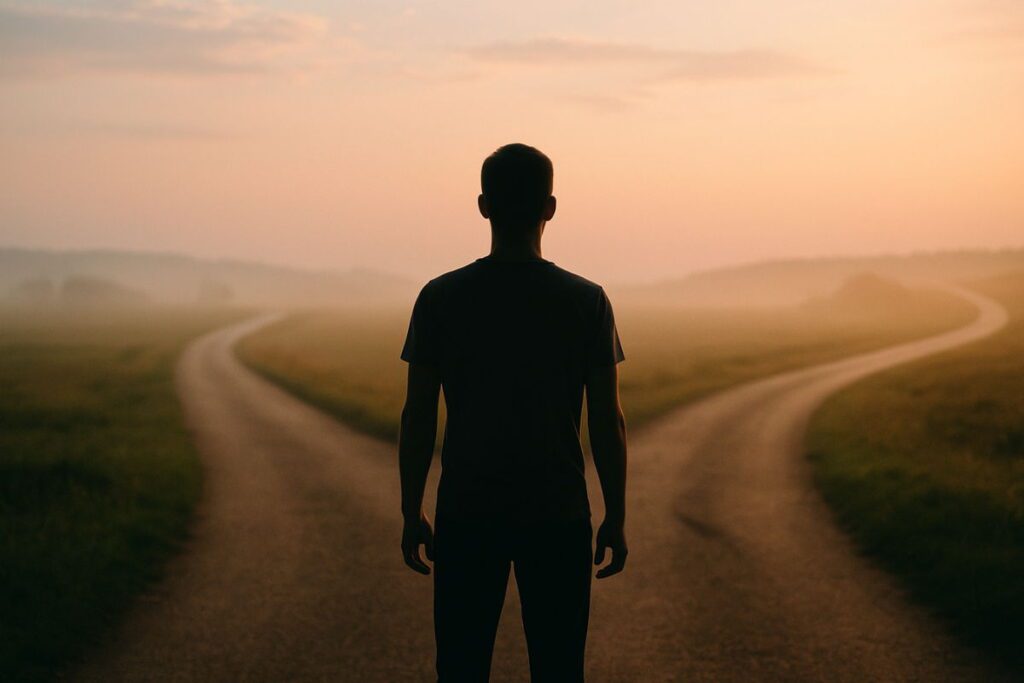 Силует чоловіка стоїть перед вибором куди йти під час заходу сонця з рожево-помаранчевим небом