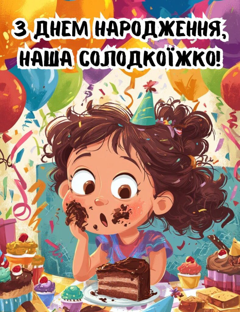 Кумедна дівчинка з тортом і солодощами, вся в шоколаді