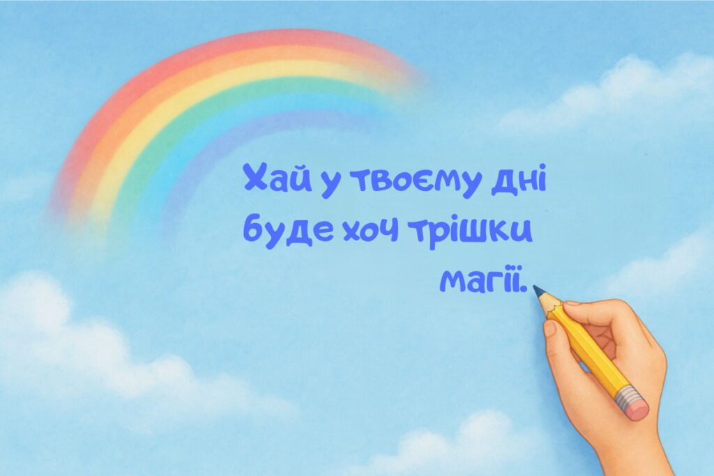 Веселка на небі з рукою, що тримає олівець, і написом Хай у твоєму дні буде хоч трішки магії