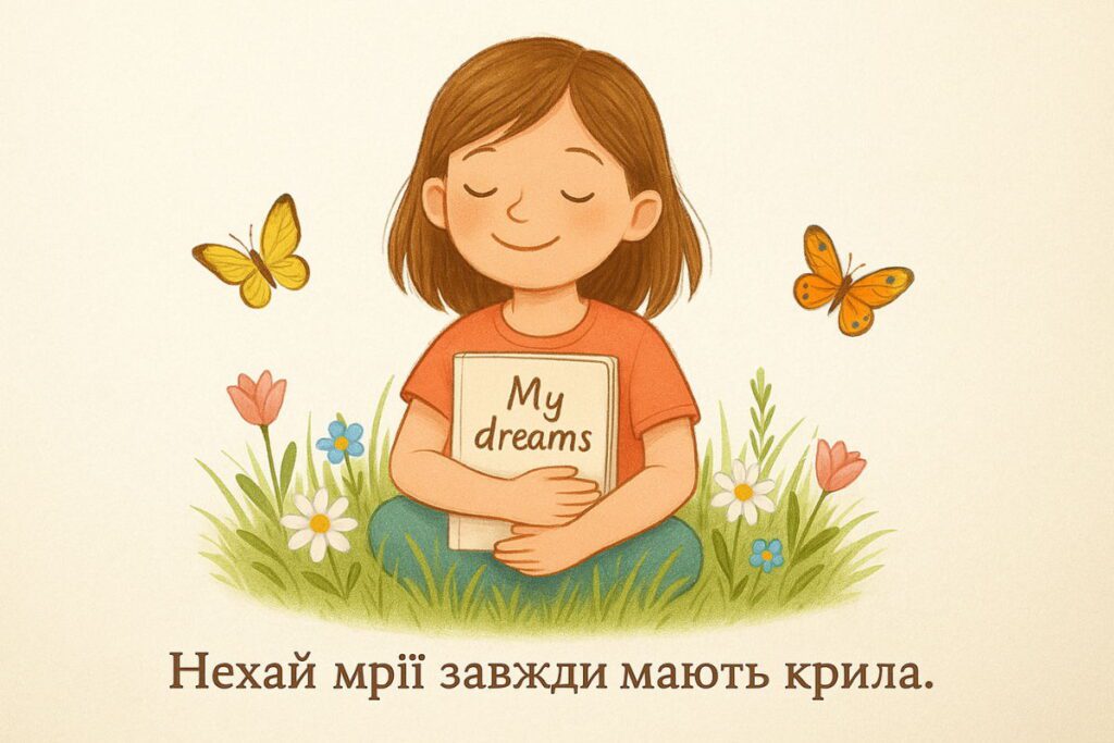 Дівчинка з книжкою серед квітів і метеликів