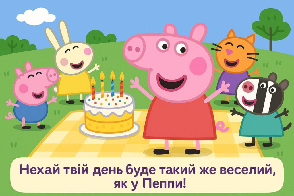 Пеппа Піг з друзями біля торта з написом