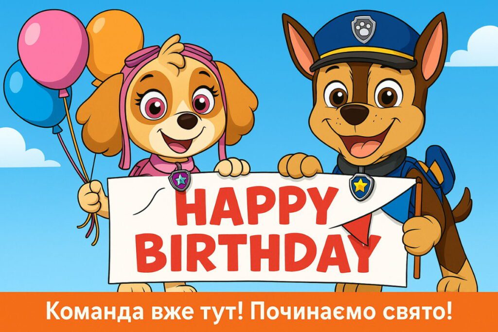 Скай та Чейз з “Щенячого патруля” тримають банер