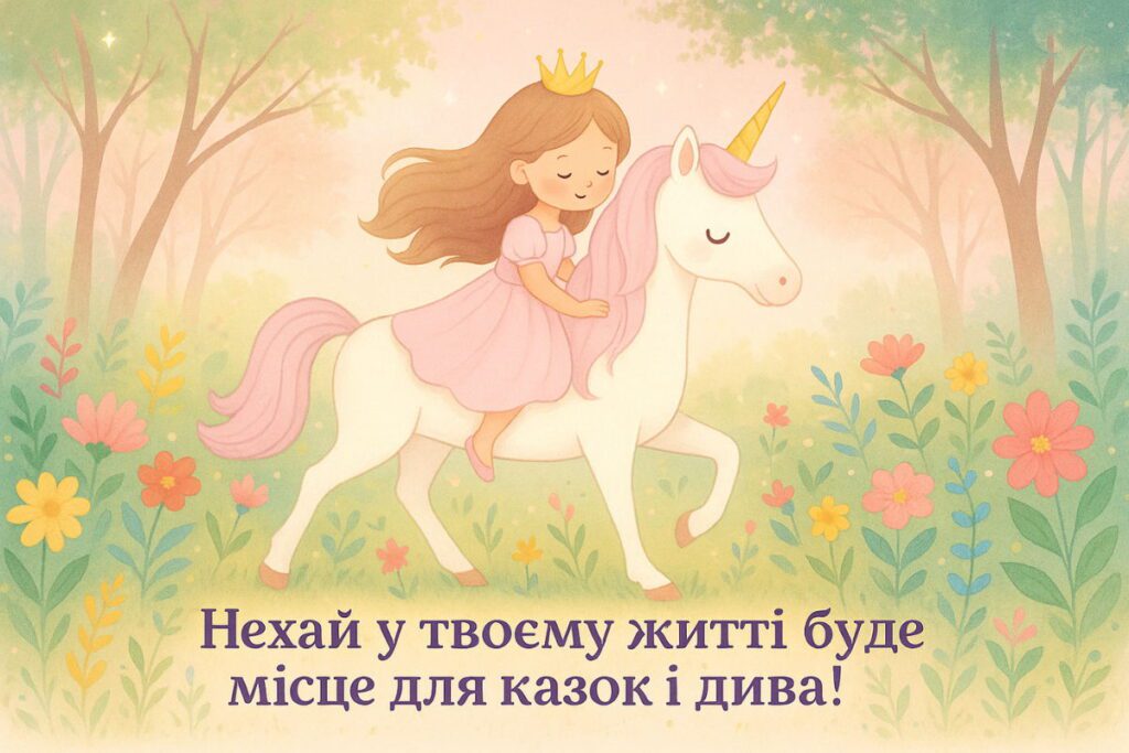 Принцеса на єдинорогу в казковому лісі