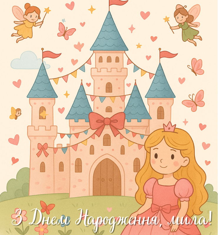 Принцеса у рожевій сукні стоїть біля казкового замку з феями, метеликами і сердечками навколо