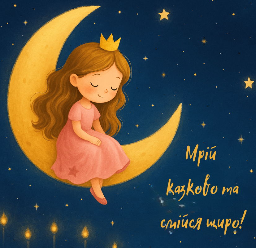 Принцеса у рожевій сукні сидить на жовтому місяці серед зоряного неба