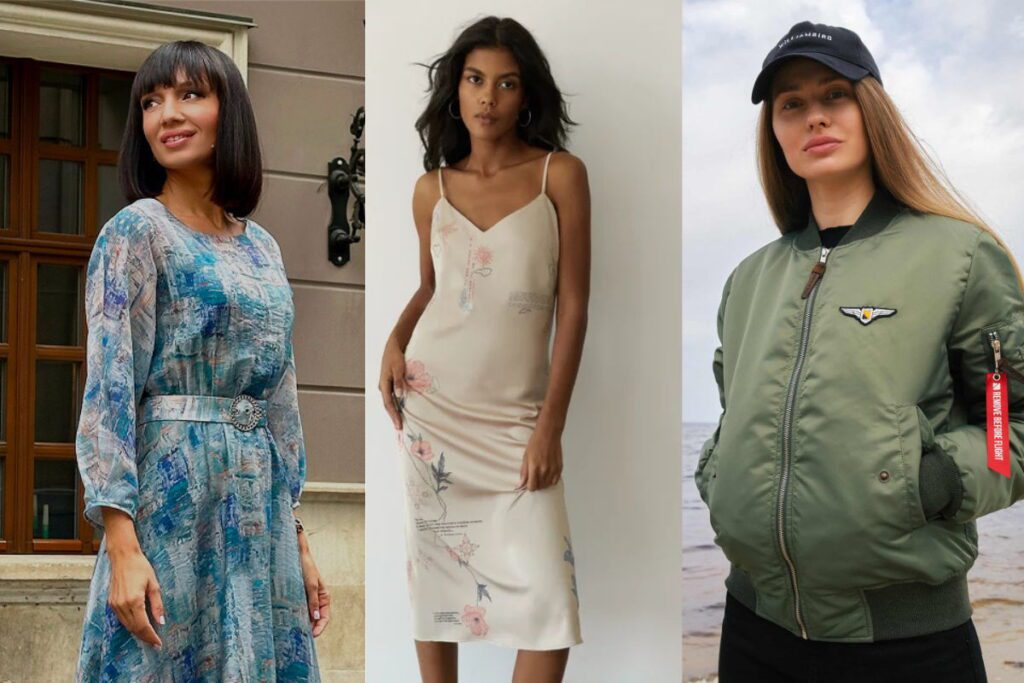 Жіночий одяг українських брендів – синя сукня з принтом, бежева сукня-комбінезон, зелена куртка-бомбер з кепкою