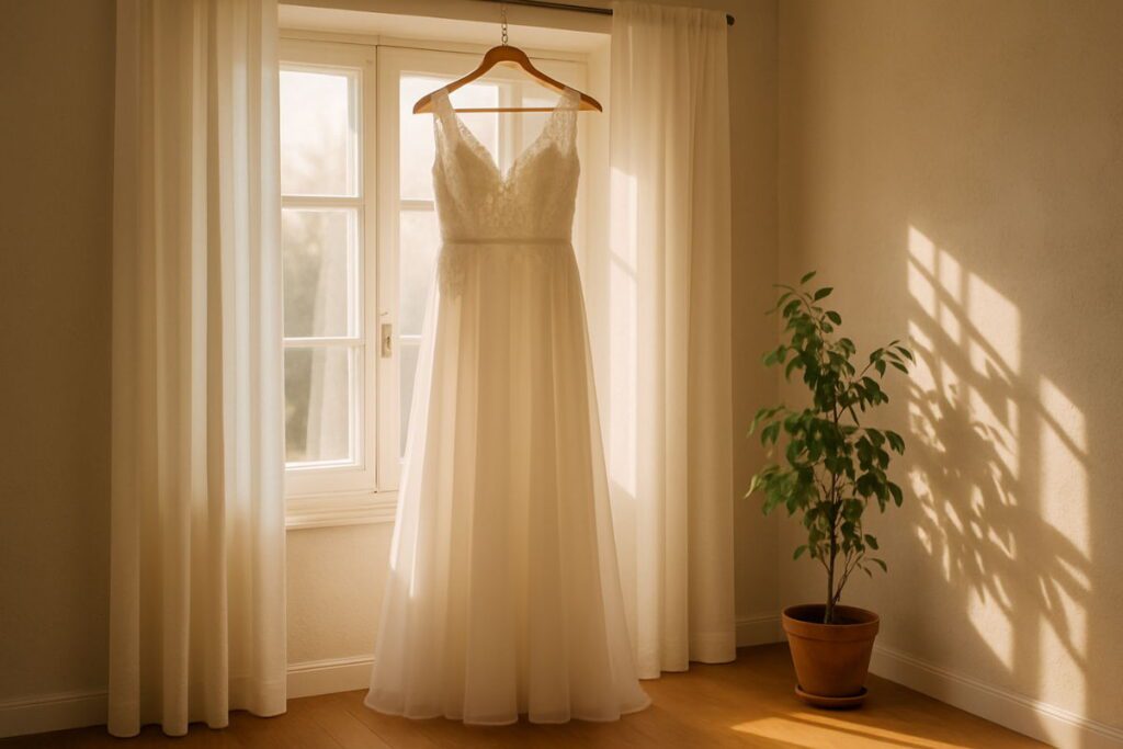 Біла весільна сукня висить на вішалці біля вікна з рослиною в горщику