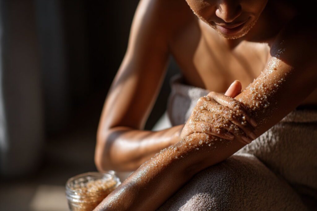 Жінка наносить скраб для тіла на руку