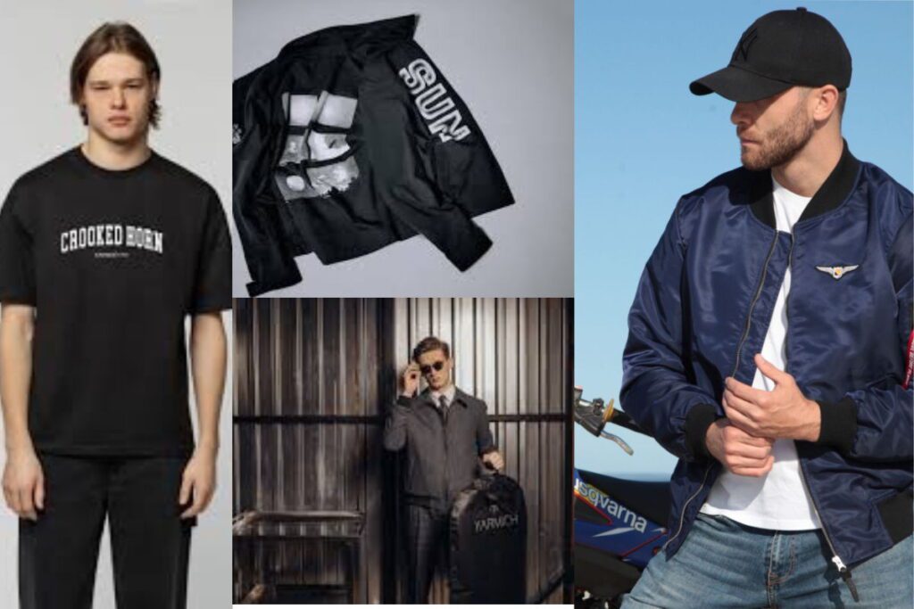 Чоловічий одяг українських виробників – футболка з написом, чорні шорти, чоловік у костюмі, чоловік у синій куртці та кепці