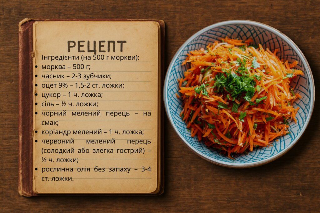 Інгредієнти для моркви по-корейськи написані в зошиті