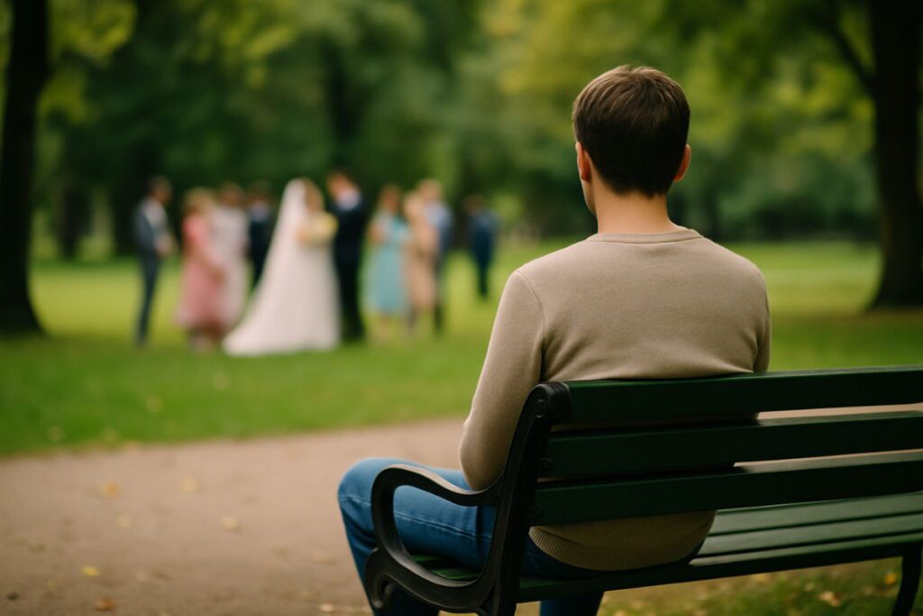 Чоловік сидить на лавці та дивиться на розмиту весільну церемонію у парку