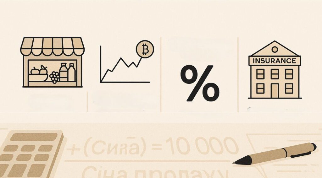 Іконки бізнесу: магазин, графік, відсотки, страхування