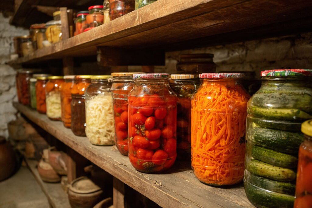 Банки з консервованими огірками, морквою та помідорами у погребі