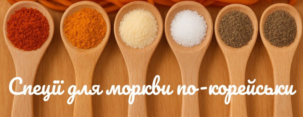 Шість дерев'яних ложок зі спеціями з для салату моркви по-корейськи