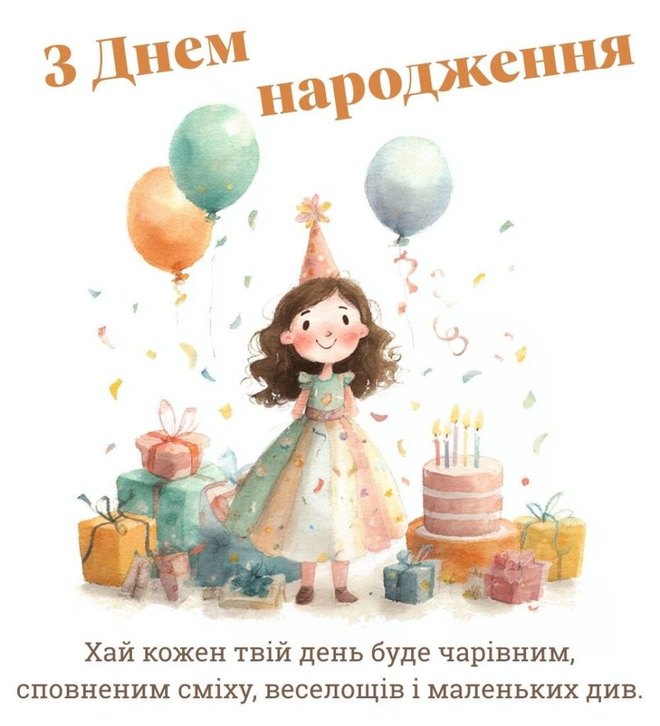 Дівчинка у святковому капелюшку з кульками, подарунками і тортом