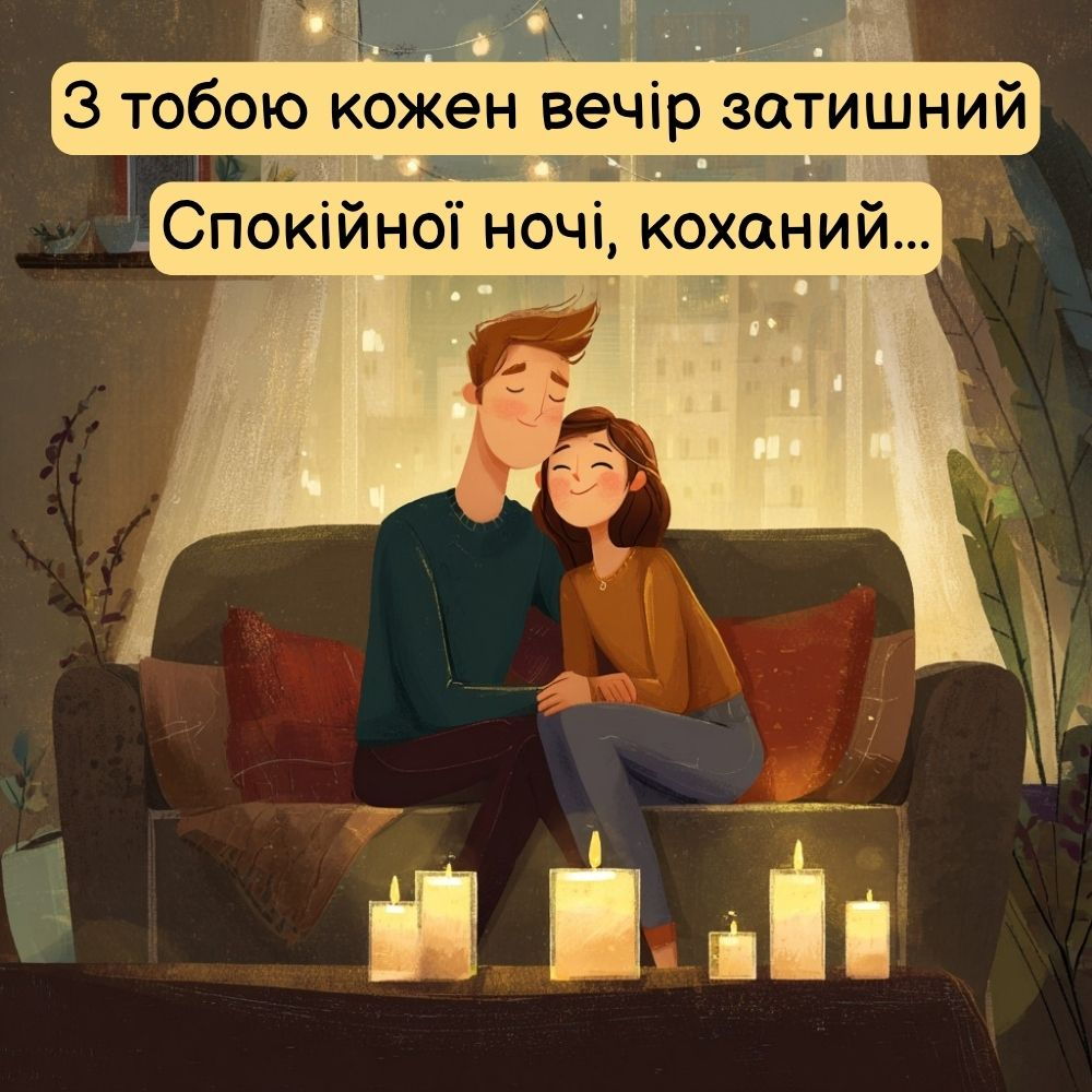 Романтичний вечір вдома: закохані на софі в теплій атмосфері зі свічками