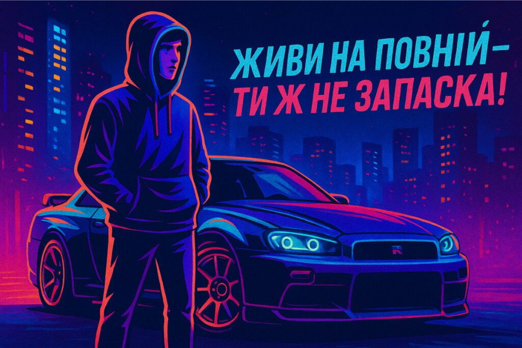 Футуристичне привітання в рожево-блакитних тонах з машиною та міським пейзажем