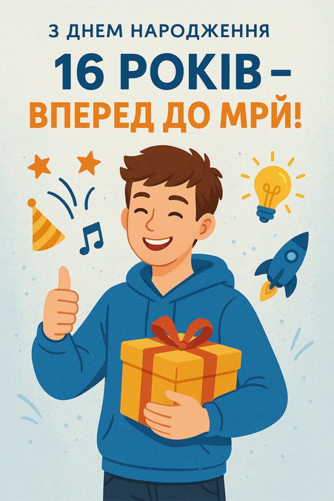 Святкова картинка з підлітком у капюшоні, подарунковою коробкою та іконками свята на сірому фоні