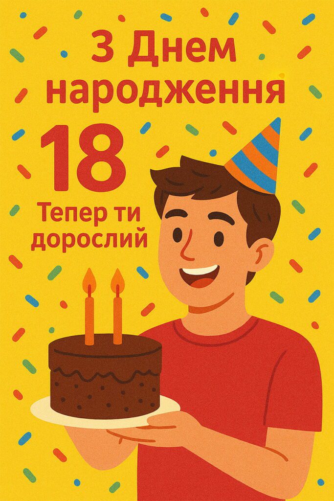 Яскрава листівка з конфеті та персонажем, який тримає святковий торт